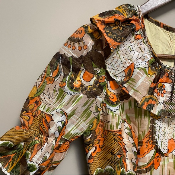 Vintage 70s Orange & Brown Floral Ruffle Neck Maxi Dress Approx Women XS - Picture 3 of 16